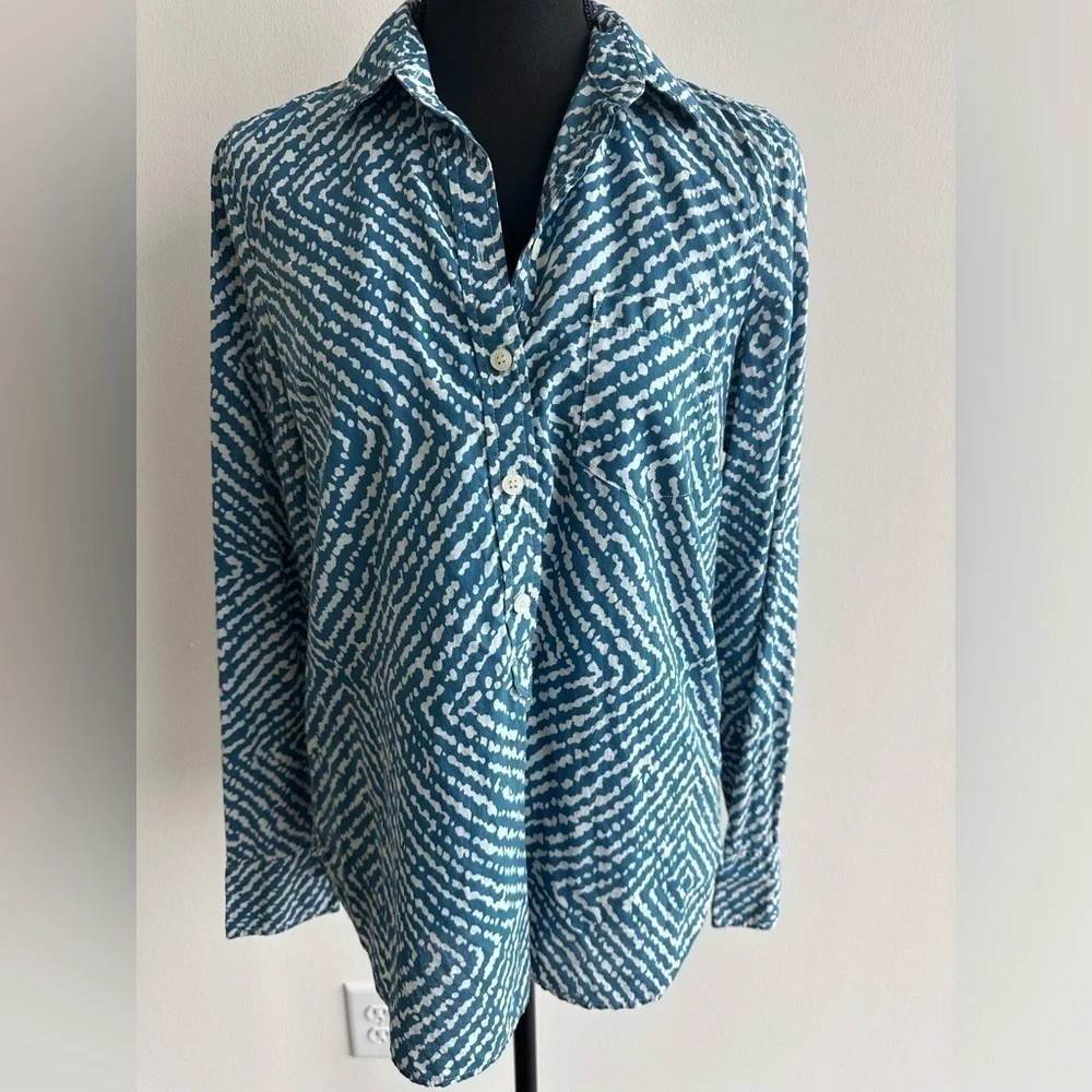 J.Crew Teal Patterned Half Button-up